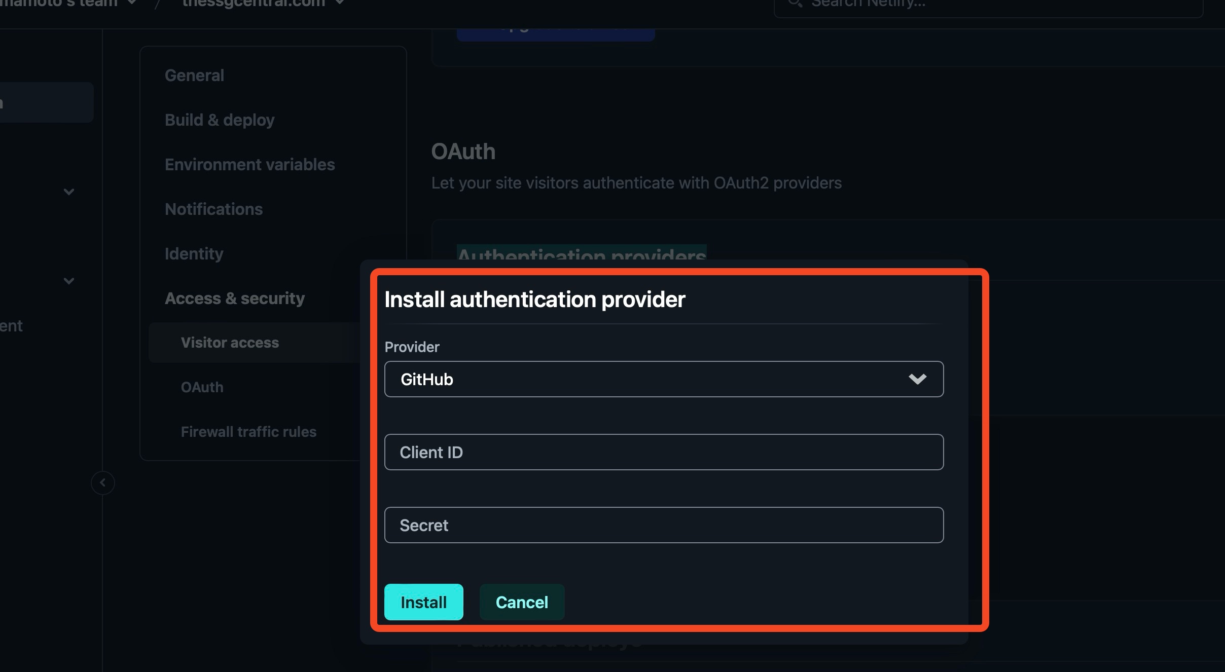 Authentication Provider fields that needs to be filled