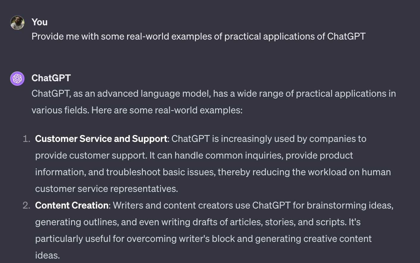 Asking ChatGPT for real-world examples of it’s applicabilities